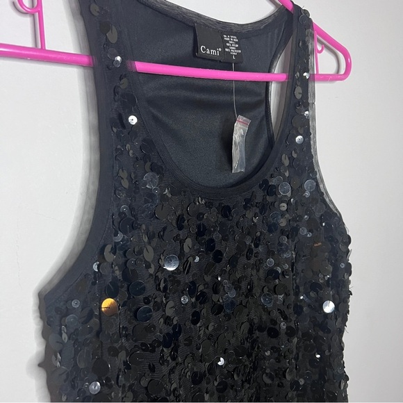 Cami Black Sequin Sleeveless Stretchy Lined Tank Top Size Large NWOT - Picture 2 of 7